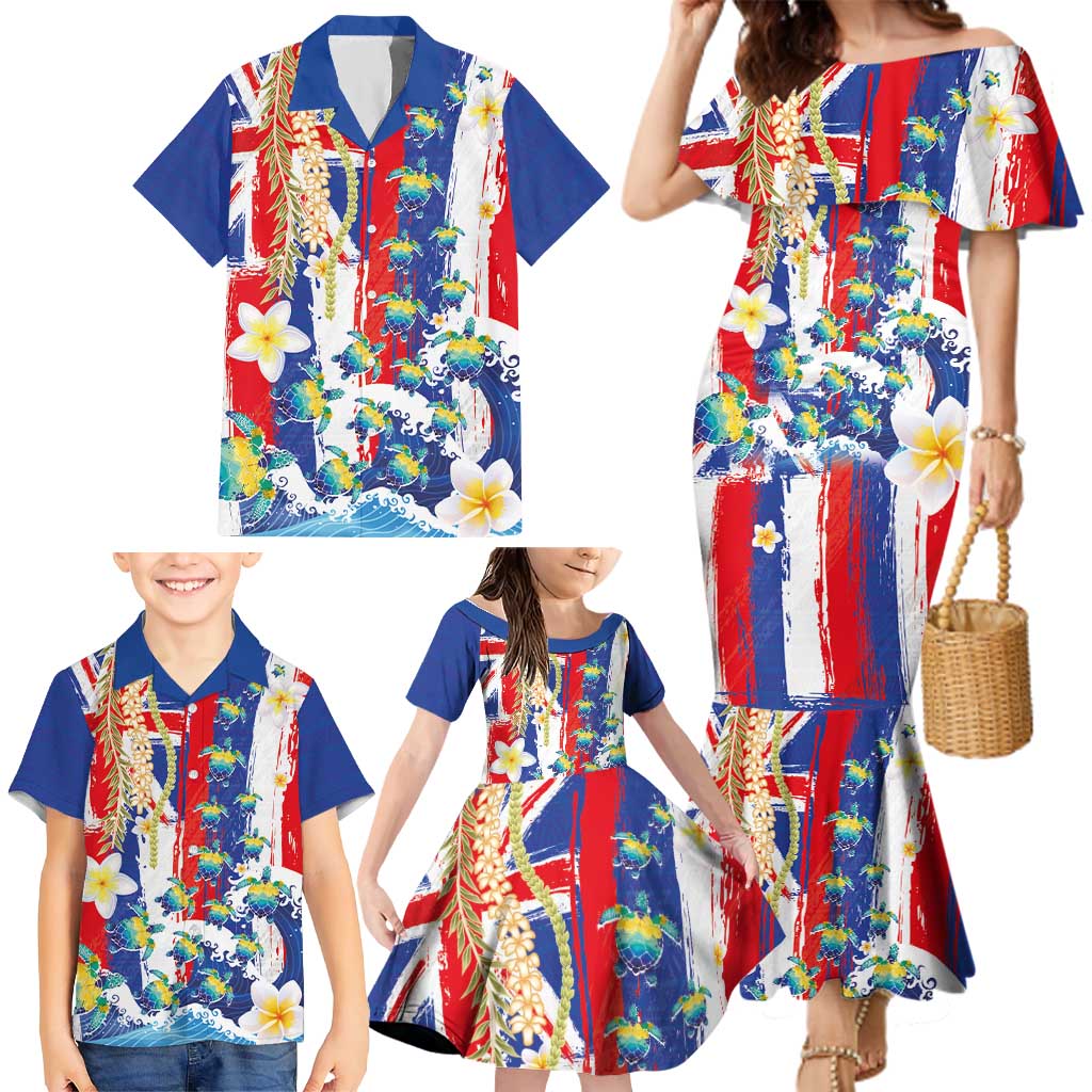 Hawaiian Sea Turtles and Plumeria Family Matching Mermaid Dress and Hawaiian Shirt with Lei and Flag Grunge Style LT03 - Polynesian Pride