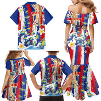 Hawaiian Sea Turtles and Plumeria Family Matching Mermaid Dress and Hawaiian Shirt with Lei and Flag Grunge Style LT03 - Polynesian Pride