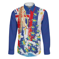 Hawaiian Sea Turtles and Plumeria Family Matching Mermaid Dress and Hawaiian Shirt with Lei and Flag Grunge Style LT03 Dad's Shirt - Long Sleeve Multicolor - Polynesian Pride