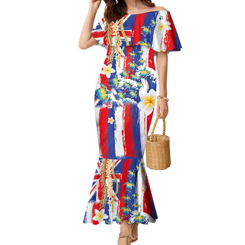 Hawaiian Sea Turtles and Plumeria Family Matching Mermaid Dress and Hawaiian Shirt with Lei and Flag Grunge Style LT03 Mom's Dress Multicolor - Polynesian Pride