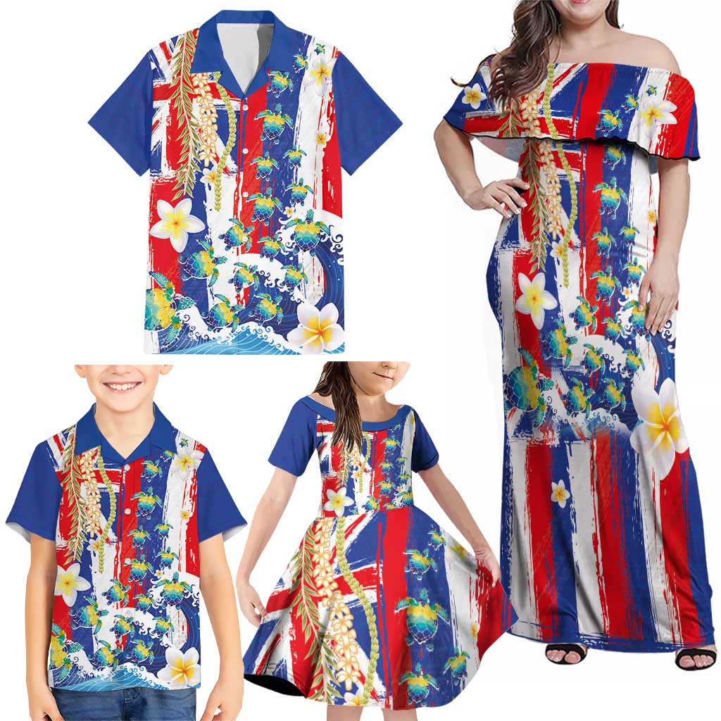 Hawaiian Sea Turtles and Plumeria Family Matching Off Shoulder Maxi Dress and Hawaiian Shirt with Lei and Flag Grunge Style
