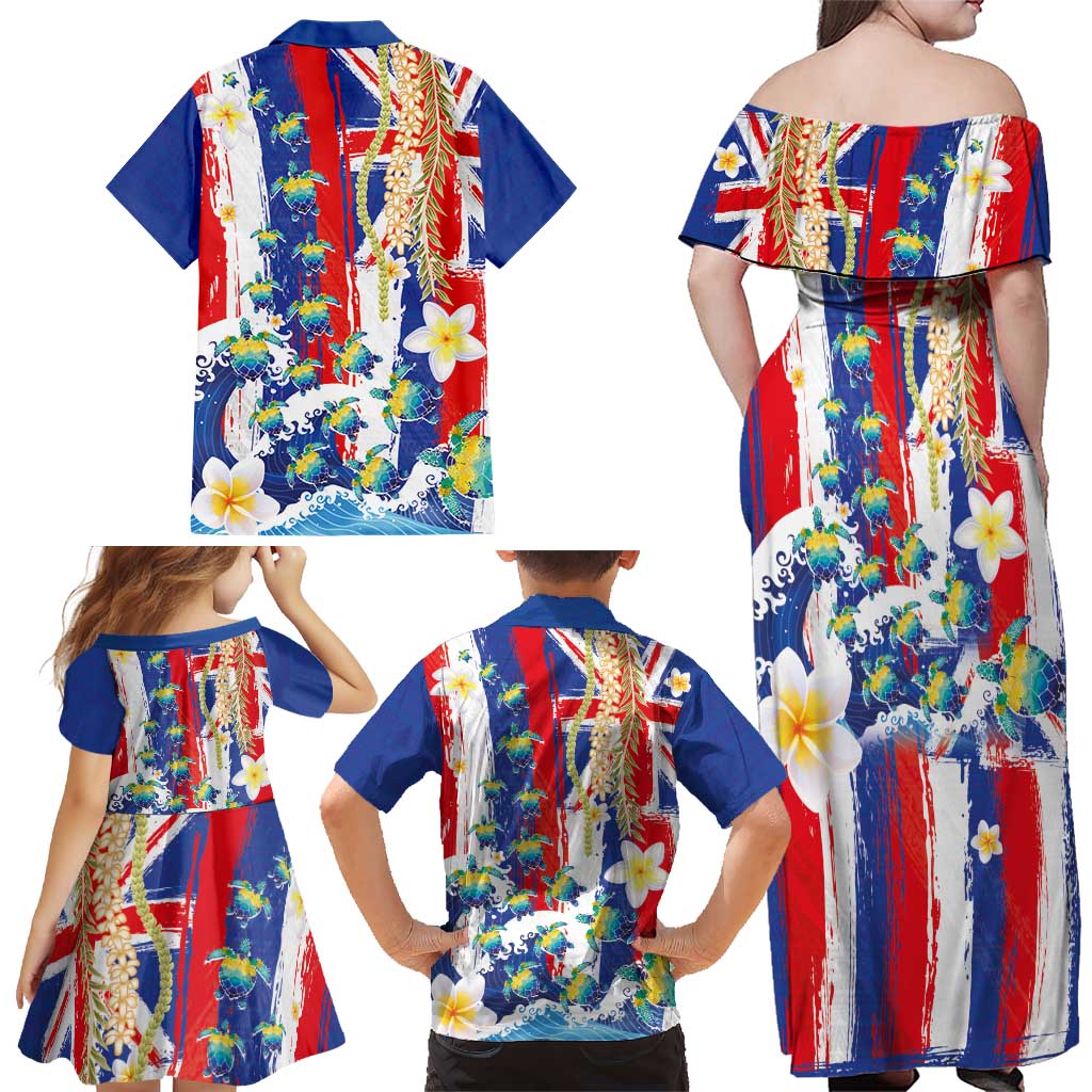 Hawaiian Sea Turtles and Plumeria Family Matching Off Shoulder Maxi Dress and Hawaiian Shirt with Lei and Flag Grunge Style LT03 - Polynesian Pride