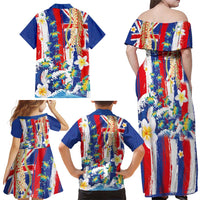 Hawaiian Sea Turtles and Plumeria Family Matching Off Shoulder Maxi Dress and Hawaiian Shirt with Lei and Flag Grunge Style LT03 - Polynesian Pride