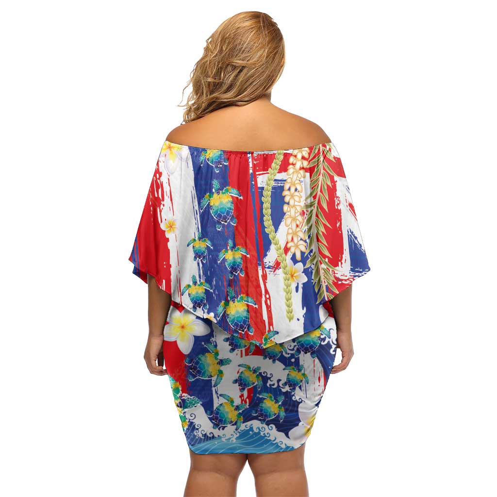 Hawaiian Sea Turtles and Plumeria Family Matching Off Shoulder Short Dress and Hawaiian Shirt with Lei and Flag Grunge Style LT03 - Polynesian Pride