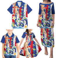 Hawaiian Sea Turtles and Plumeria Family Matching Puletasi and Hawaiian Shirt with Lei and Flag Grunge Style LT03 - Polynesian Pride