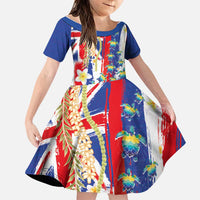 Hawaiian Sea Turtles and Plumeria Family Matching Short Sleeve Bodycon Dress and Hawaiian Shirt with Lei and Flag Grunge Style LT03 Daughter's Dress Multicolor - Polynesian Pride