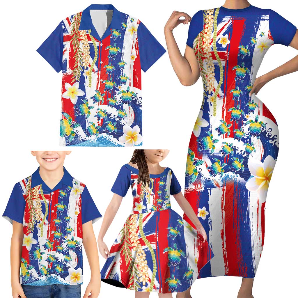 Hawaiian Sea Turtles and Plumeria Family Matching Short Sleeve Bodycon Dress and Hawaiian Shirt with Lei and Flag Grunge Style LT03 - Polynesian Pride