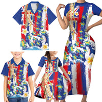 Hawaiian Sea Turtles and Plumeria Family Matching Short Sleeve Bodycon Dress and Hawaiian Shirt with Lei and Flag Grunge Style LT03 - Polynesian Pride