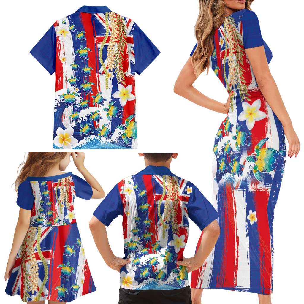 Hawaiian Sea Turtles and Plumeria Family Matching Short Sleeve Bodycon Dress and Hawaiian Shirt with Lei and Flag Grunge Style LT03 - Polynesian Pride