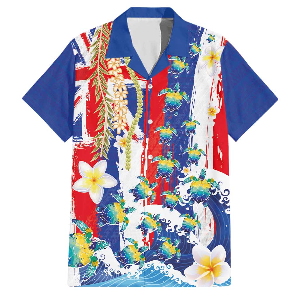 Hawaiian Sea Turtles and Plumeria Family Matching Short Sleeve Bodycon Dress and Hawaiian Shirt with Lei and Flag Grunge Style LT03 Dad's Shirt - Short Sleeve Multicolor - Polynesian Pride