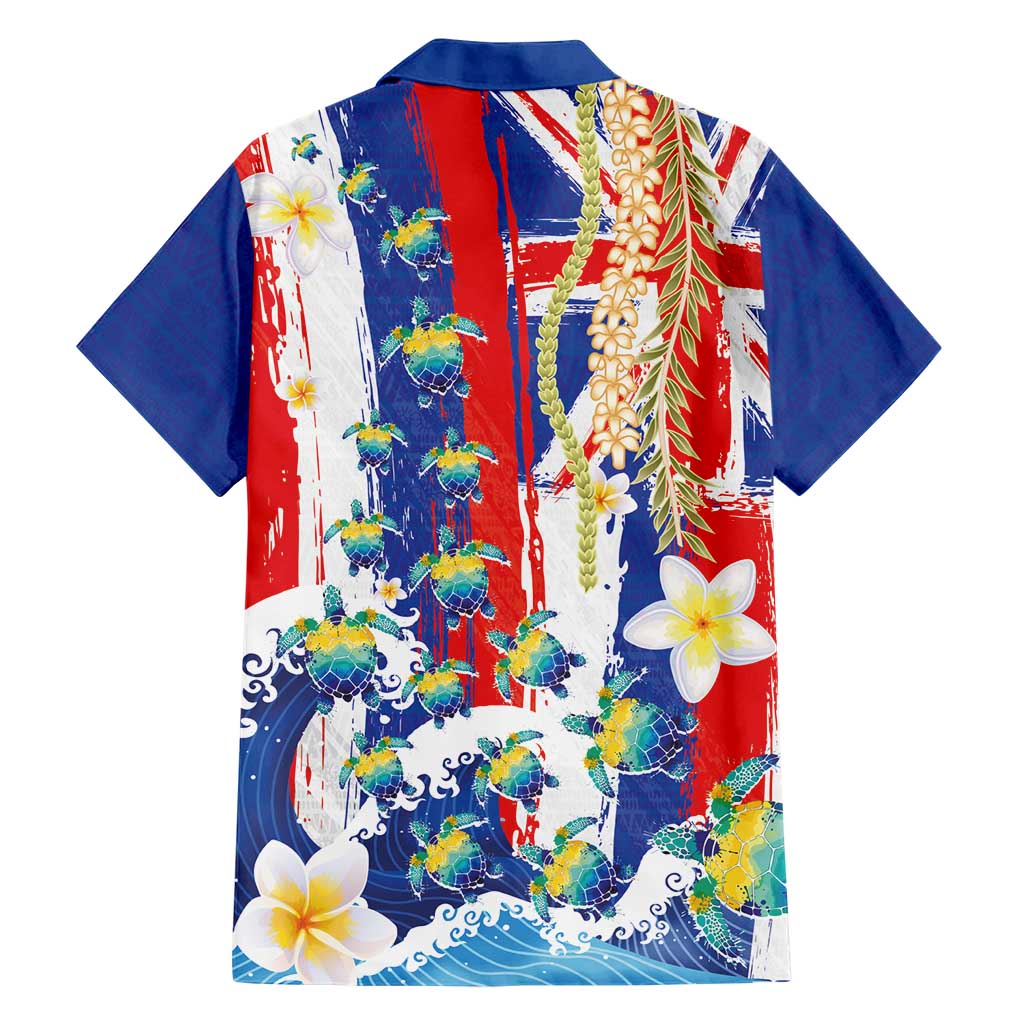 Hawaiian Sea Turtles and Plumeria Family Matching Short Sleeve Bodycon Dress and Hawaiian Shirt with Lei and Flag Grunge Style LT03 - Polynesian Pride