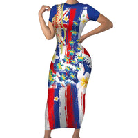 Hawaiian Sea Turtles and Plumeria Family Matching Short Sleeve Bodycon Dress and Hawaiian Shirt with Lei and Flag Grunge Style LT03 Mom's Dress Multicolor - Polynesian Pride