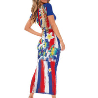 Hawaiian Sea Turtles and Plumeria Family Matching Short Sleeve Bodycon Dress and Hawaiian Shirt with Lei and Flag Grunge Style LT03 - Polynesian Pride