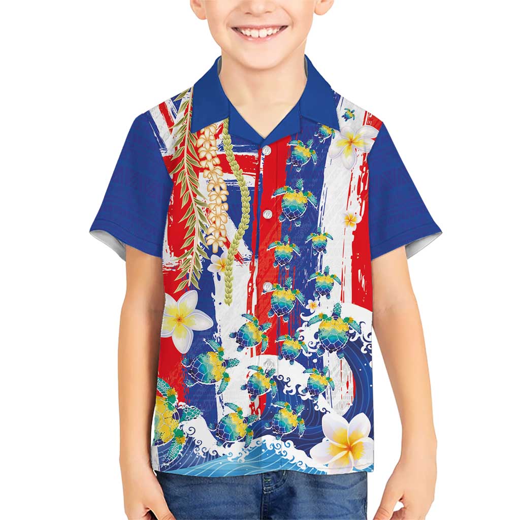 Hawaiian Sea Turtles and Plumeria Family Matching Short Sleeve Bodycon Dress and Hawaiian Shirt with Lei and Flag Grunge Style LT03 Son's Shirt Multicolor - Polynesian Pride