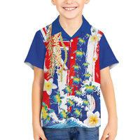 Hawaiian Sea Turtles and Plumeria Family Matching Short Sleeve Bodycon Dress and Hawaiian Shirt with Lei and Flag Grunge Style LT03 Son's Shirt Multicolor - Polynesian Pride