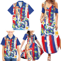 Hawaiian Sea Turtles and Plumeria Family Matching Summer Maxi Dress and Hawaiian Shirt with Lei and Flag Grunge Style LT03 - Polynesian Pride