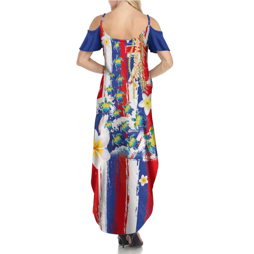 Hawaiian Sea Turtles and Plumeria Family Matching Summer Maxi Dress and Hawaiian Shirt with Lei and Flag Grunge Style LT03 - Polynesian Pride