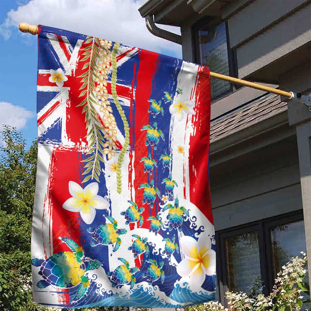Hawaiian Sea Turtles and Plumeria Garden Flag with Lei and Flag Grunge Style