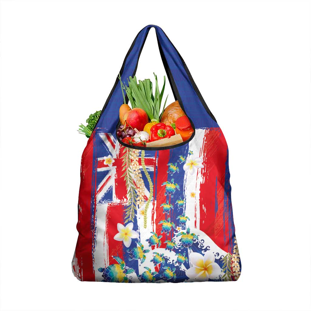Hawaiian Sea Turtles and Plumeria Grocery Bag with Lei and Flag Grunge Style