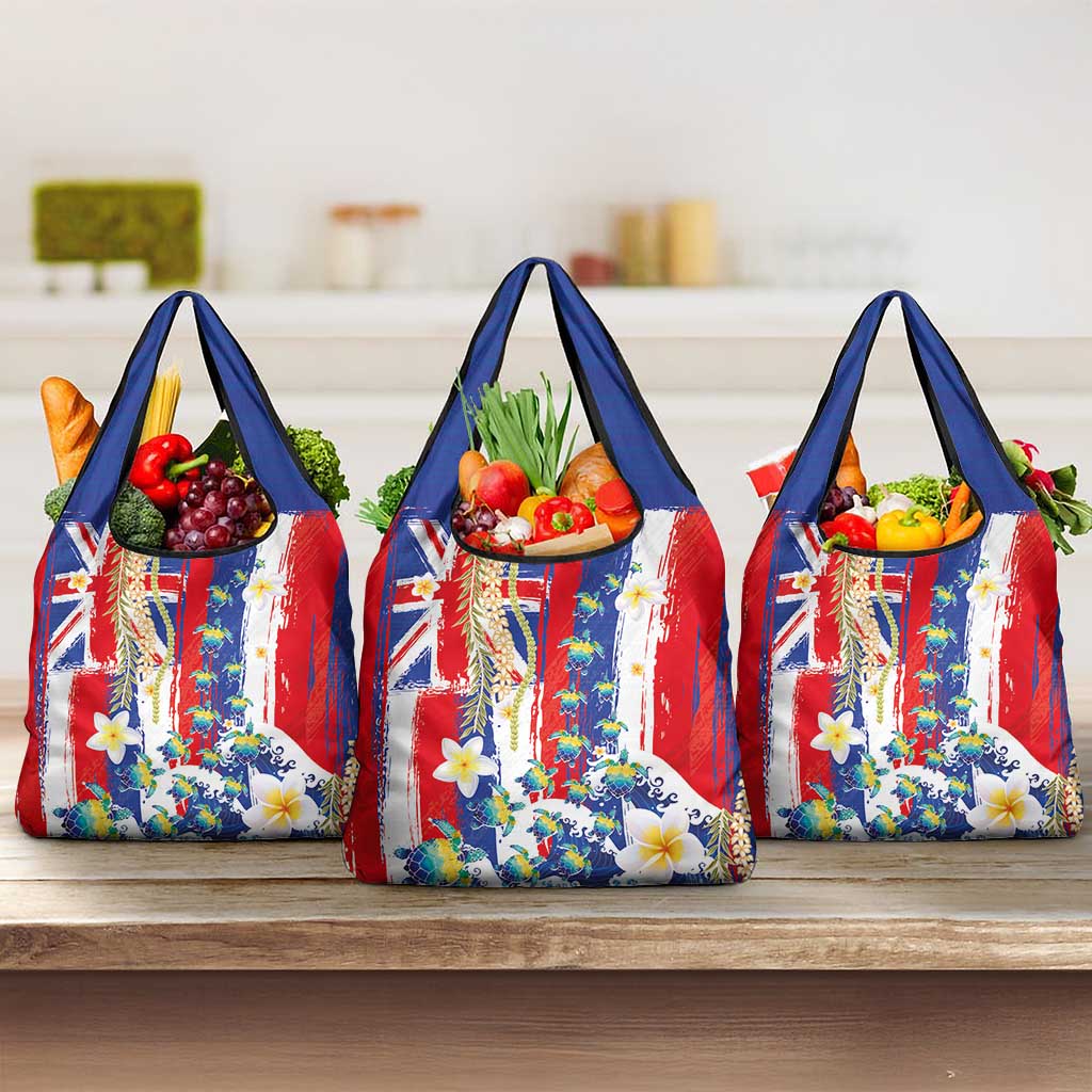 Hawaiian Sea Turtles and Plumeria Grocery Bag with Lei and Flag Grunge Style