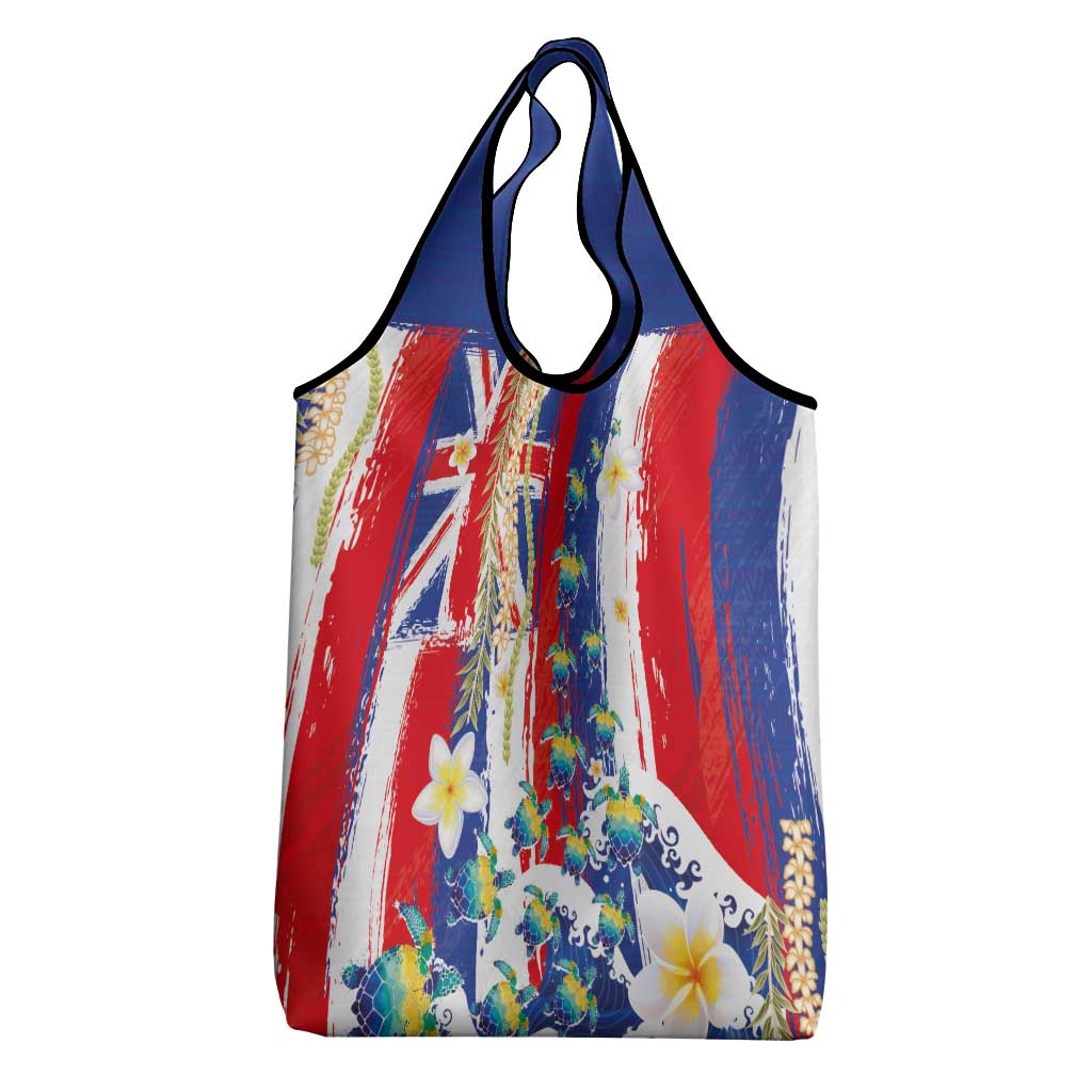 Hawaiian Sea Turtles and Plumeria Grocery Bag with Lei and Flag Grunge Style