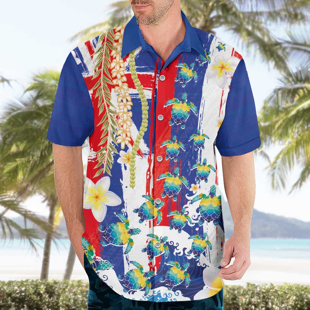 Hawaiian Sea Turtles and Plumeria Hawaiian Shirt with Lei and Flag Grunge Style