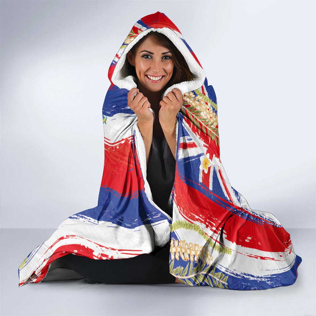 Hawaiian Sea Turtles and Plumeria Hooded Blanket with Lei and Flag Grunge Style