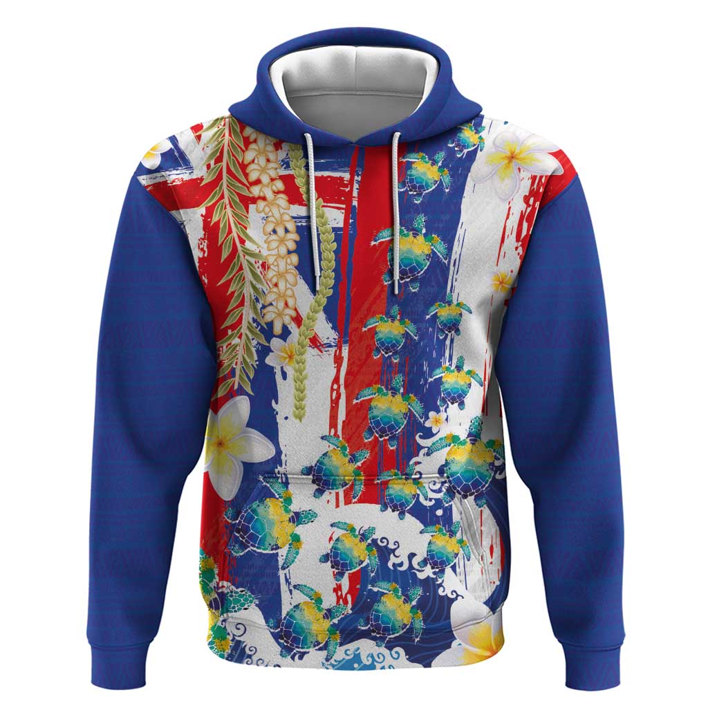Hawaiian Sea Turtles and Plumeria Hoodie with Lei and Flag Grunge Style