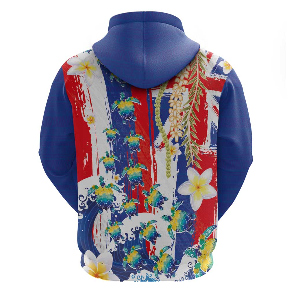 Hawaiian Sea Turtles and Plumeria Hoodie with Lei and Flag Grunge Style