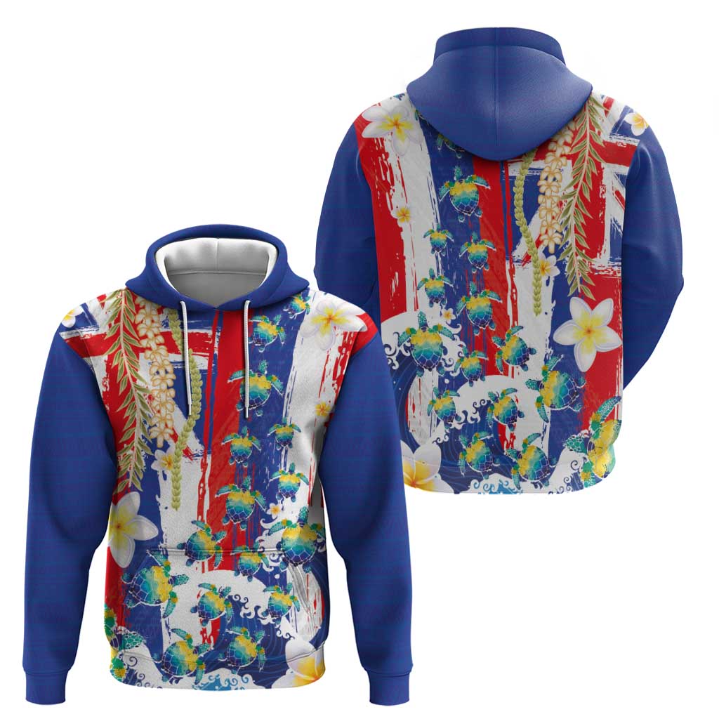 Hawaiian Sea Turtles and Plumeria Hoodie with Lei and Flag Grunge Style