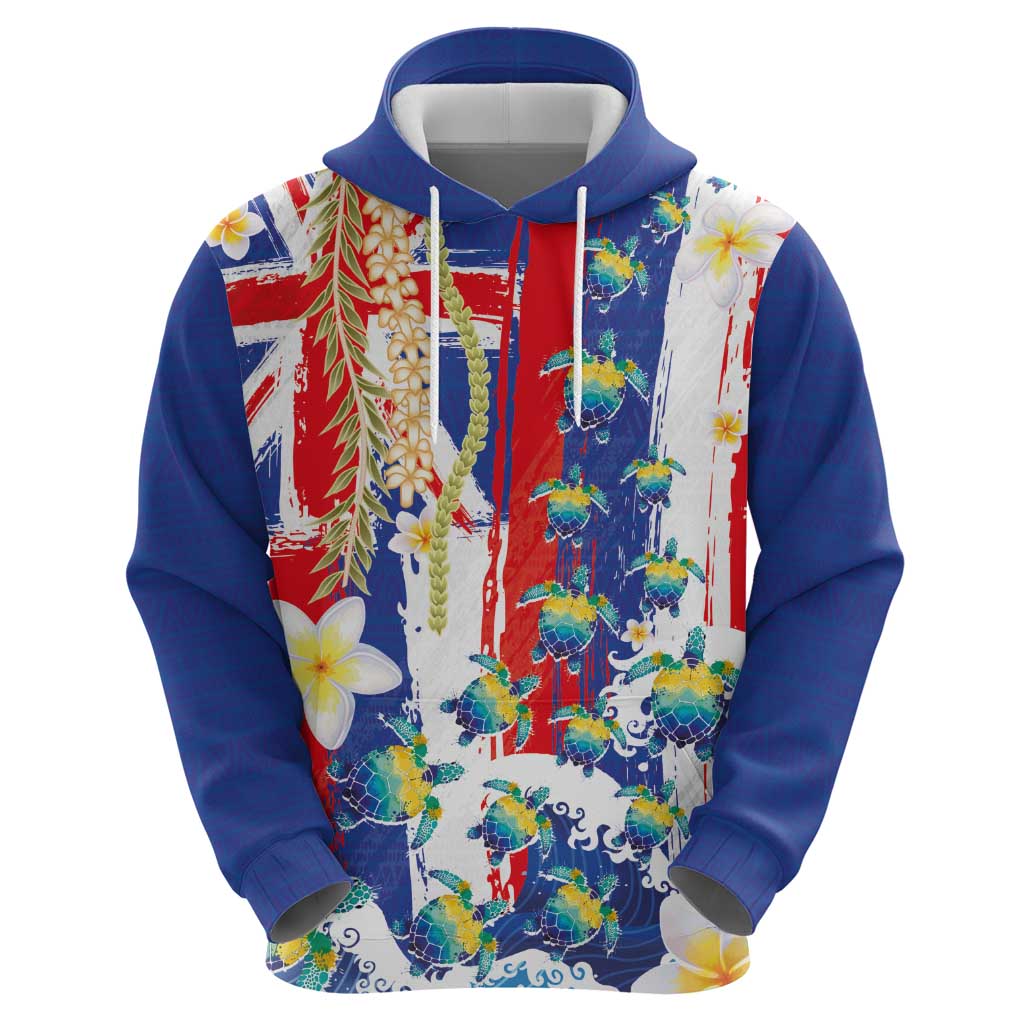 Hawaiian Sea Turtles and Plumeria Hoodie with Lei and Flag Grunge Style
