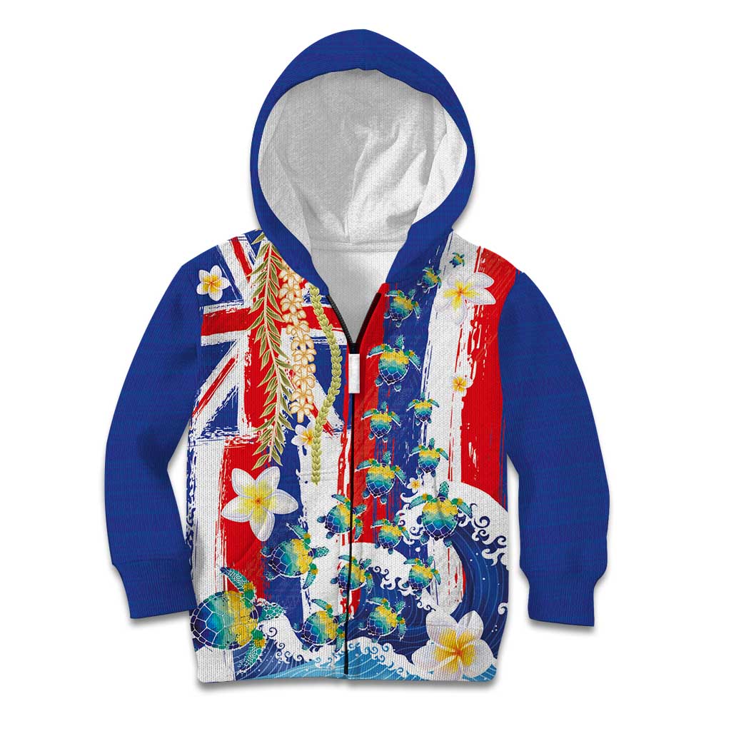 Hawaiian Sea Turtles and Plumeria Kid Hoodie with Lei and Flag Grunge Style