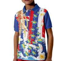 Hawaiian Sea Turtles and Plumeria Kid Polo Shirt with Lei and Flag Grunge Style