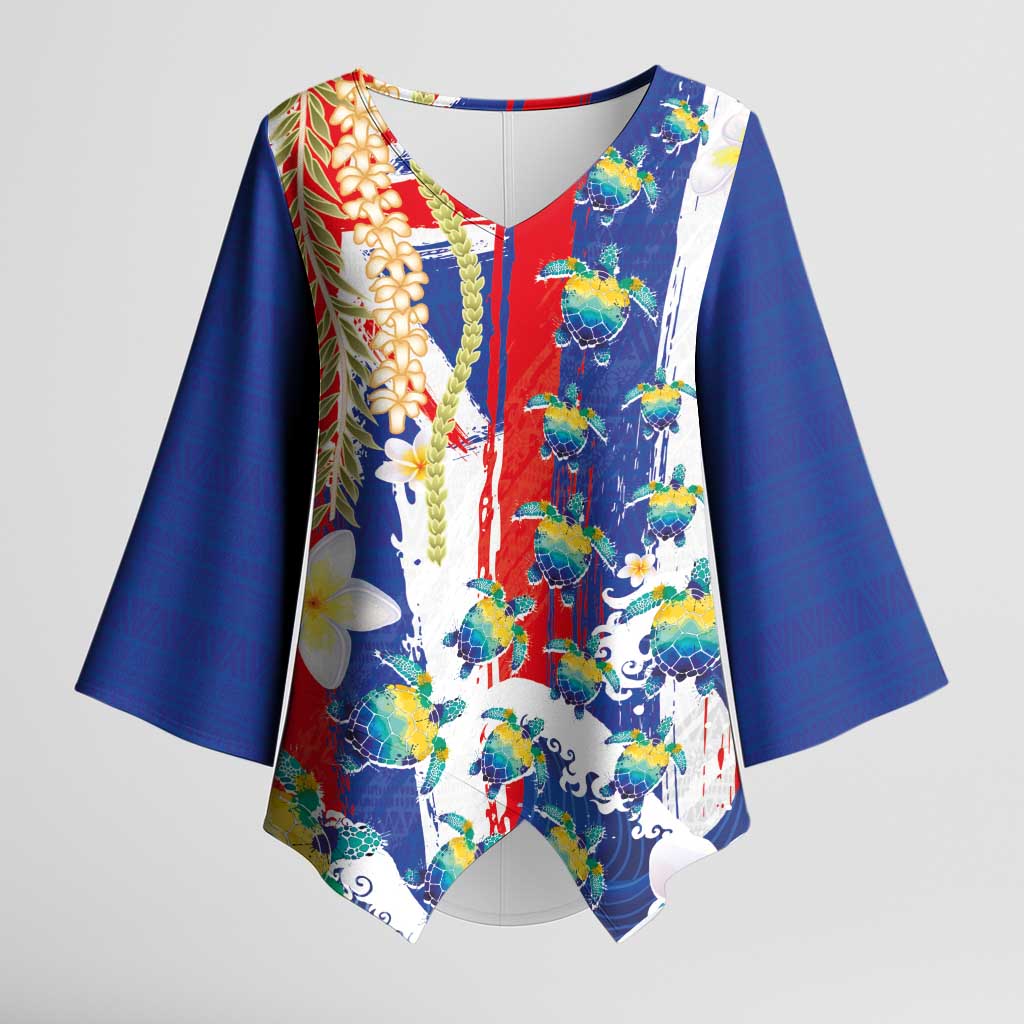 Hawaiian Sea Turtles and Plumeria Kimono Sleeve Blouse with Lei and Flag Grunge Style