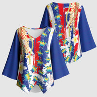 Hawaiian Sea Turtles and Plumeria Kimono Sleeve Blouse with Lei and Flag Grunge Style