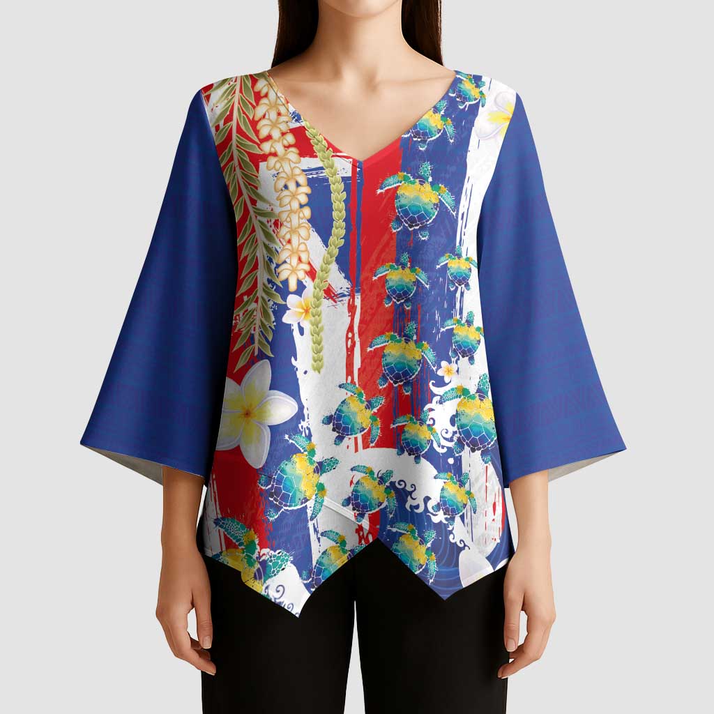 Hawaiian Sea Turtles and Plumeria Kimono Sleeve Blouse with Lei and Flag Grunge Style