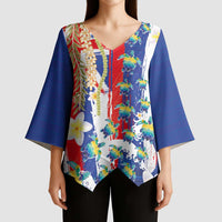 Hawaiian Sea Turtles and Plumeria Kimono Sleeve Blouse with Lei and Flag Grunge Style