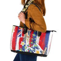 Hawaiian Sea Turtles and Plumeria Leather Tote Bag with Lei and Flag Grunge Style
