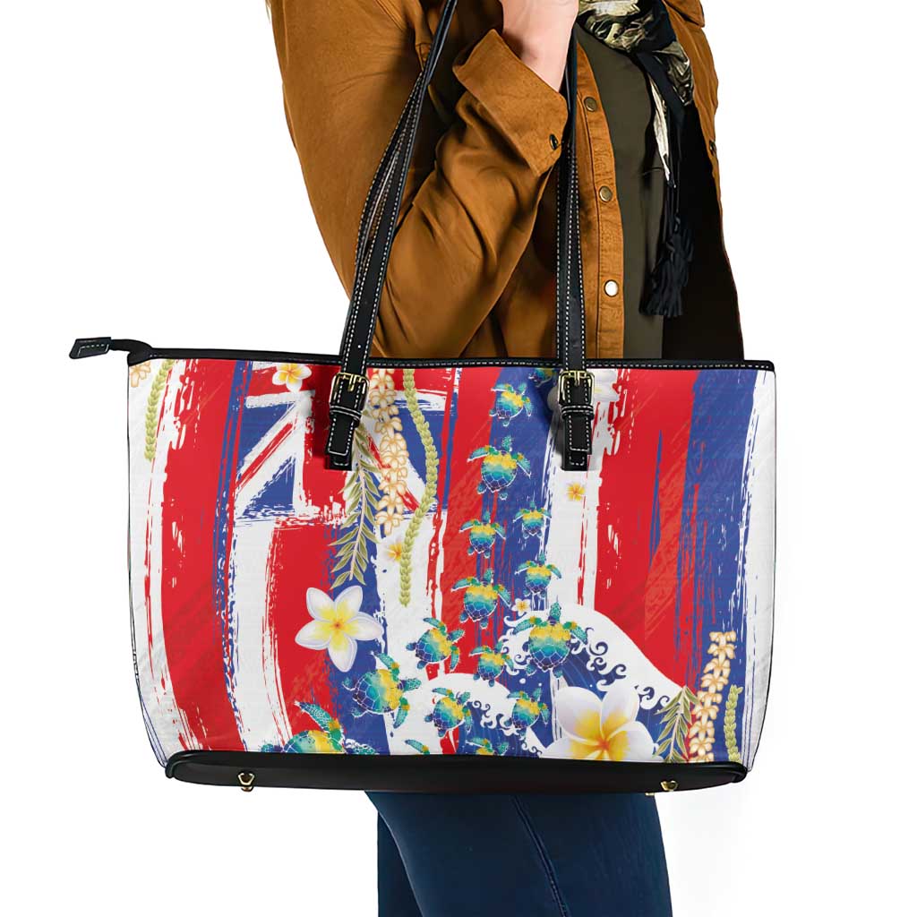 Hawaiian Sea Turtles and Plumeria Leather Tote Bag with Lei and Flag Grunge Style