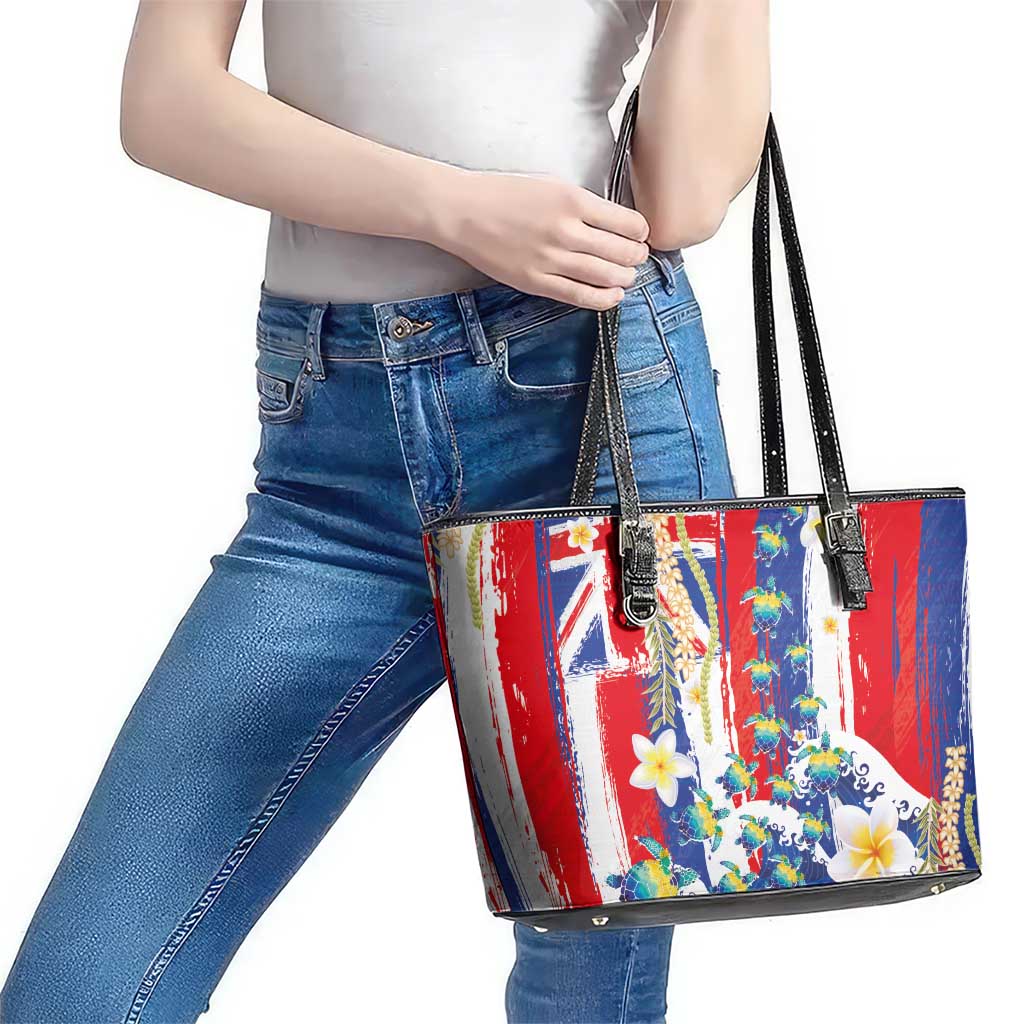 Hawaiian Sea Turtles and Plumeria Leather Tote Bag with Lei and Flag Grunge Style