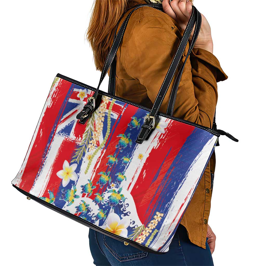 Hawaiian Sea Turtles and Plumeria Leather Tote Bag with Lei and Flag Grunge Style