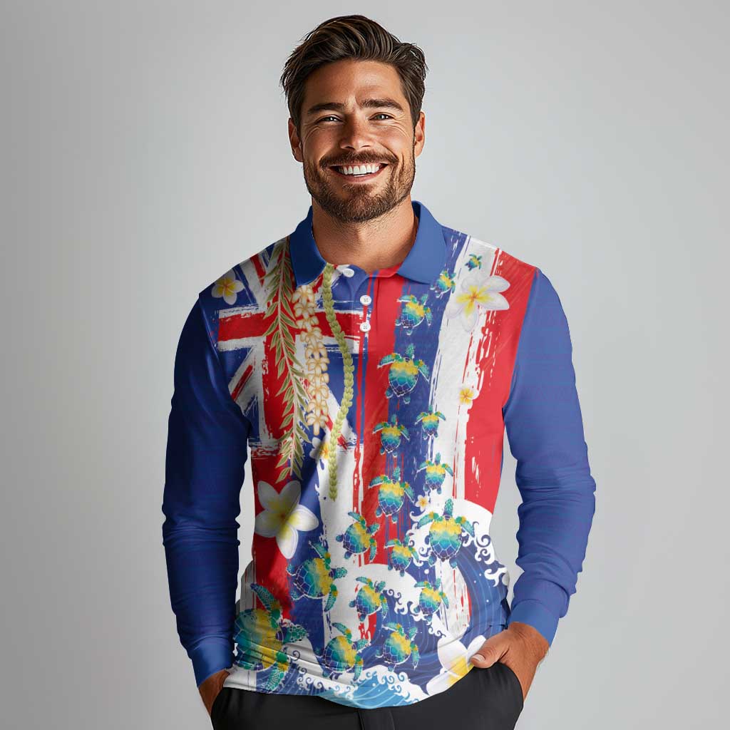 Hawaiian Sea Turtles and Plumeria Long Sleeve Polo Shirt with Lei and Flag Grunge Style LT03 - Polynesian Pride