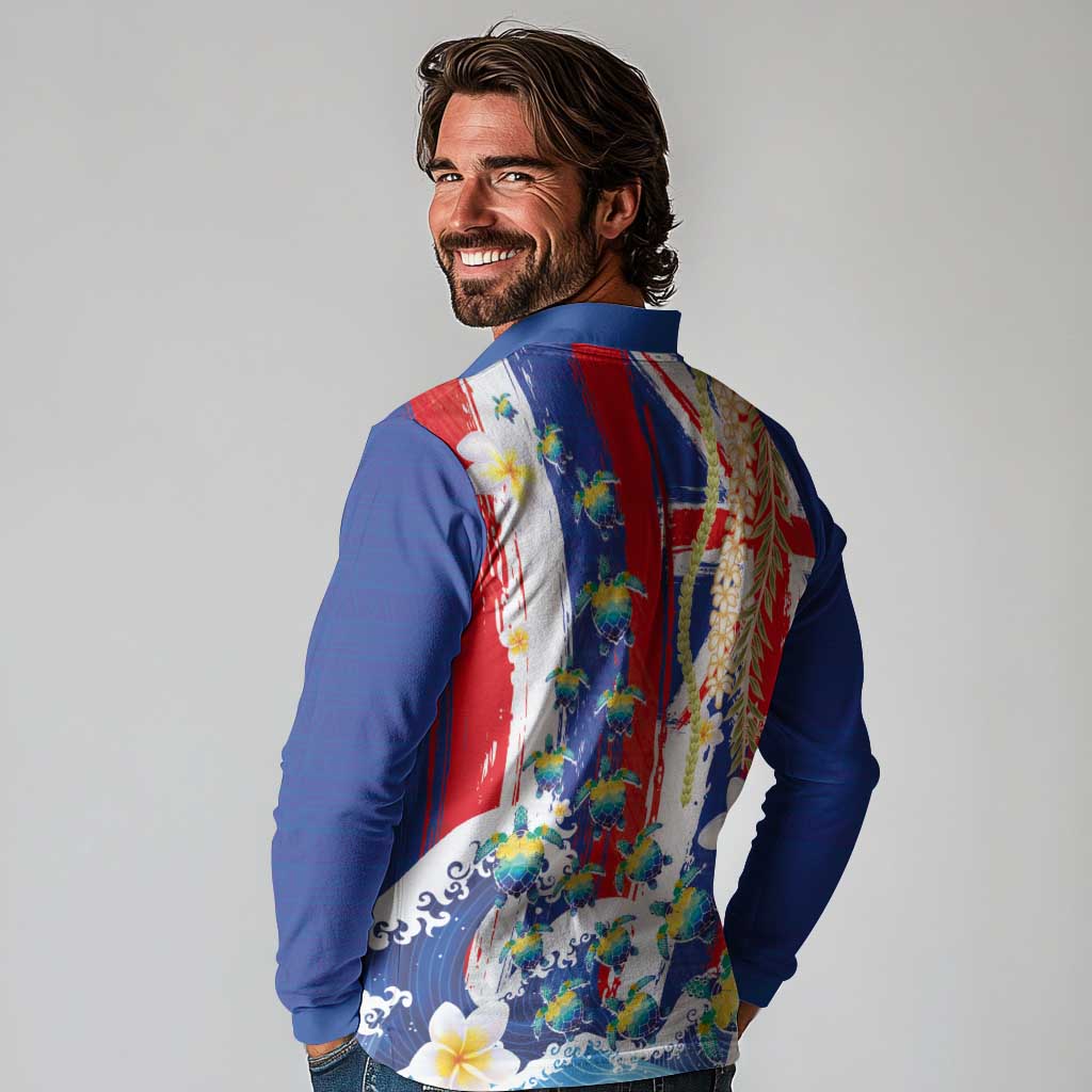 Hawaiian Sea Turtles and Plumeria Long Sleeve Polo Shirt with Lei and Flag Grunge Style LT03 - Polynesian Pride