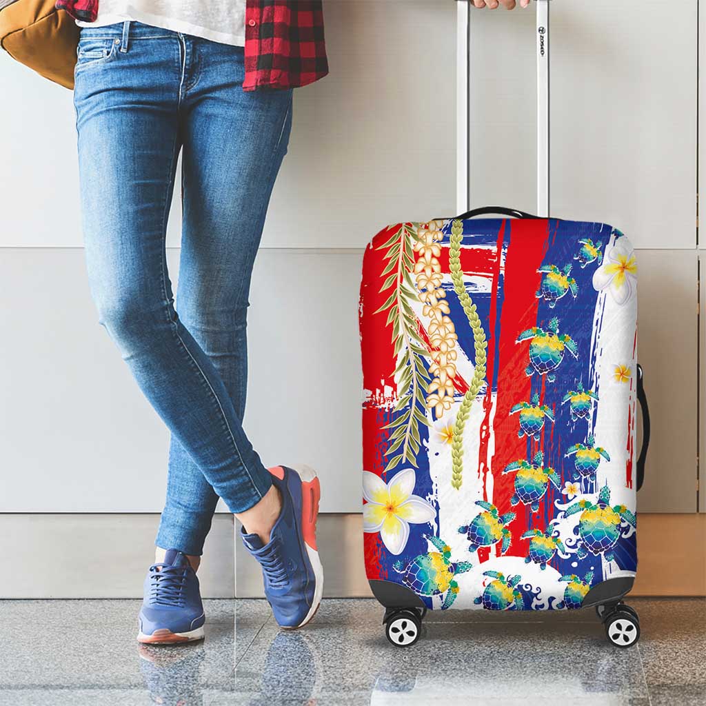Hawaiian Sea Turtles and Plumeria Luggage Cover with Lei and Flag Grunge Style