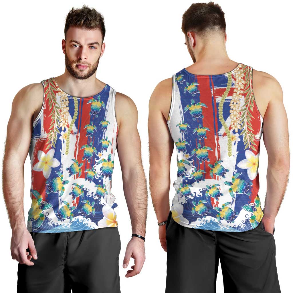 Hawaiian Sea Turtles and Plumeria Men Tank Top with Lei and Flag Grunge Style