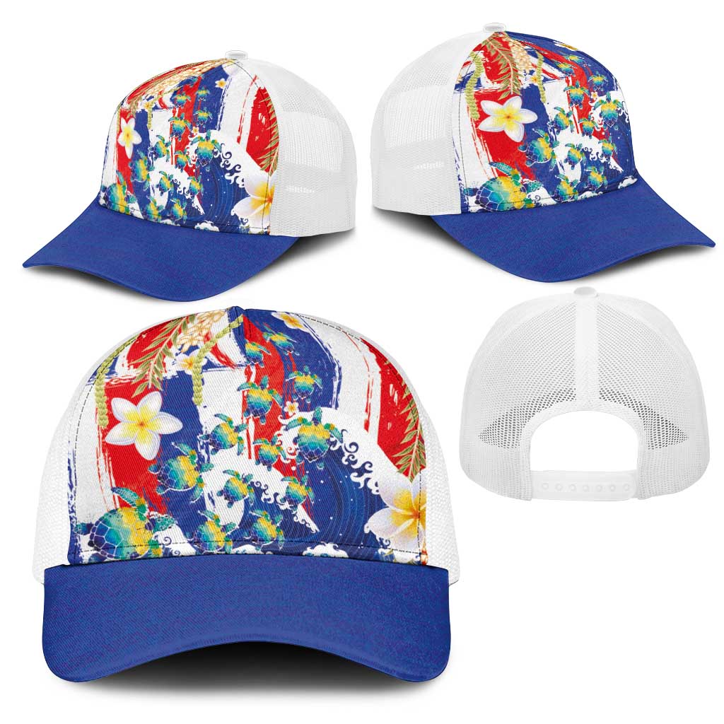 Hawaiian Sea Turtles and Plumeria Mesh Trucker Cap with Lei and Flag Grunge Style