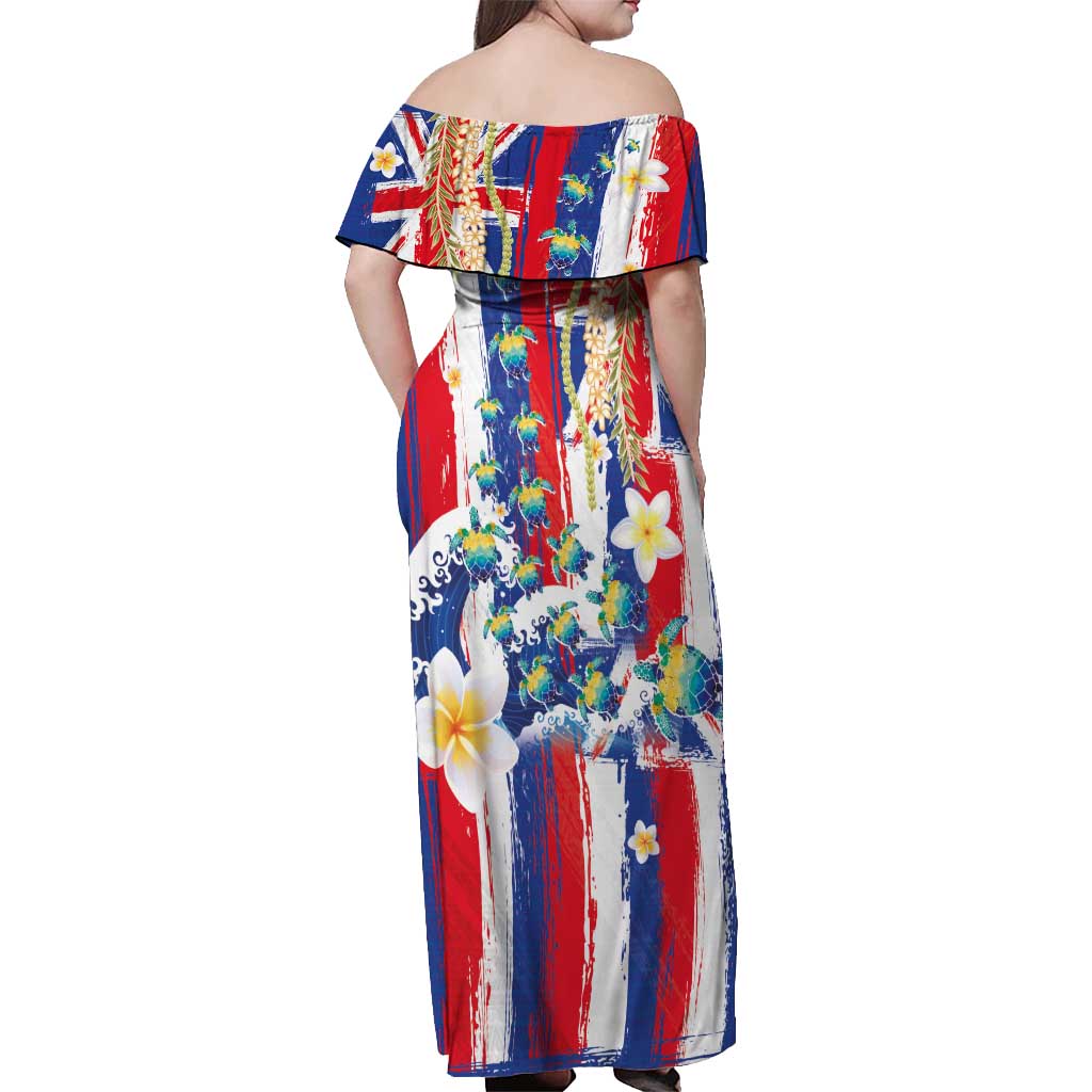 Hawaiian Sea Turtles and Plumeria Off Shoulder Maxi Dress with Lei and Flag Grunge Style