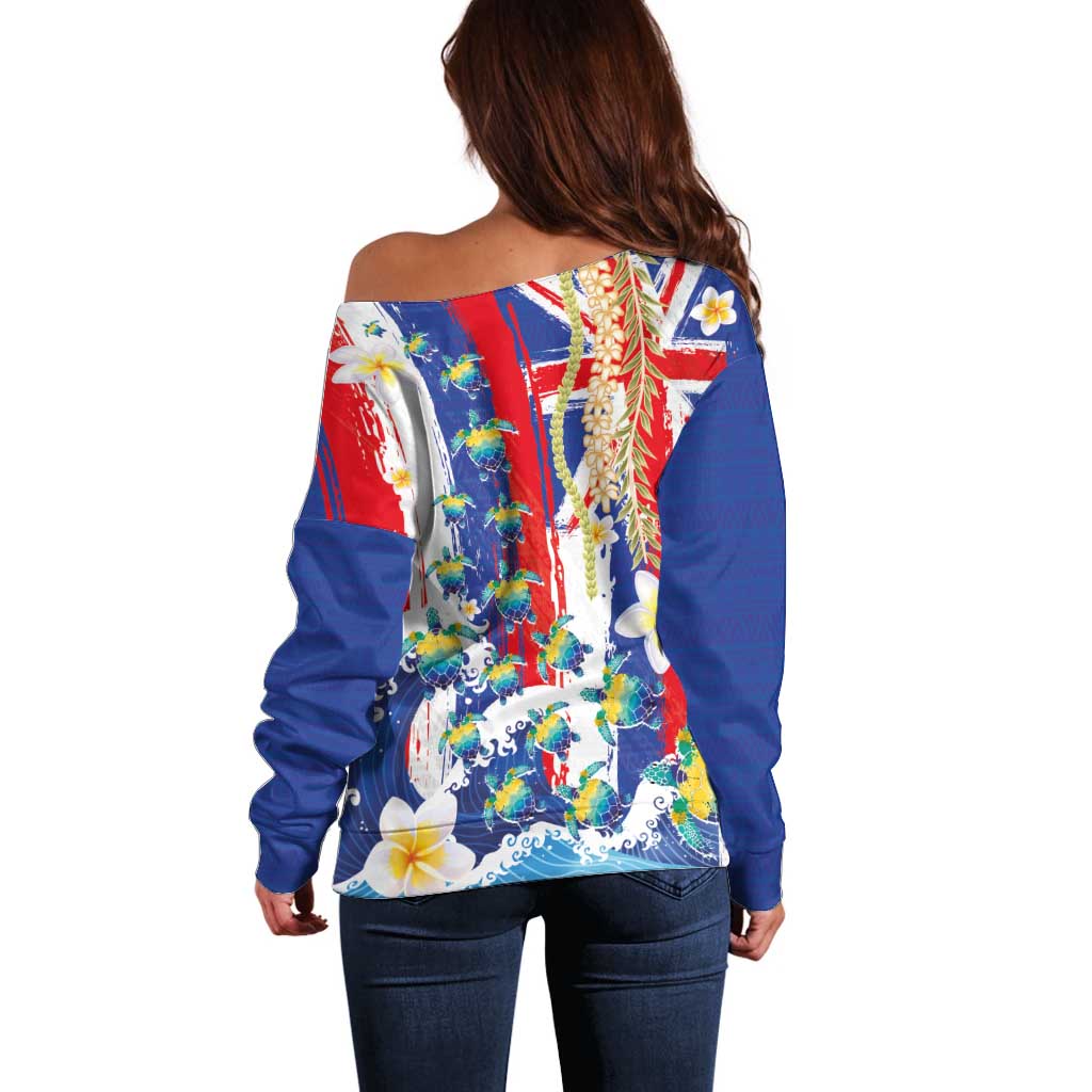 Hawaiian Sea Turtles and Plumeria Off Shoulder Sweater with Lei and Flag Grunge Style
