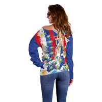 Hawaiian Sea Turtles and Plumeria Off Shoulder Sweater with Lei and Flag Grunge Style