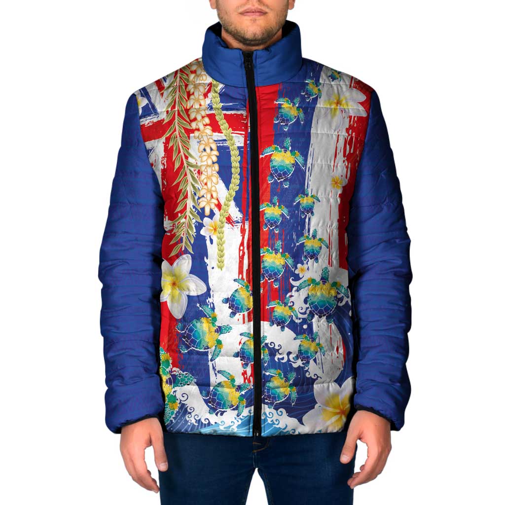 Hawaiian Sea Turtles and Plumeria Padded Jacket with Lei and Flag Grunge Style
